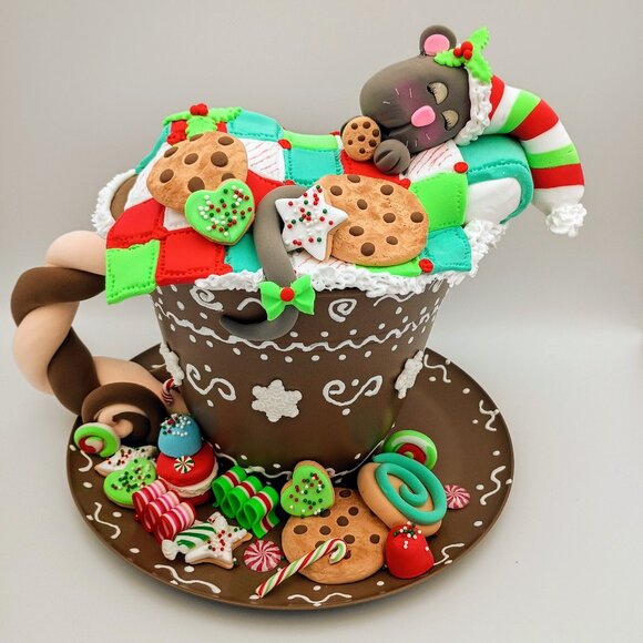 Christmas Hot Cocoa Mug with Sleepy Mouse and Cookies, Whimsical Holiday Decor - Picture 6 of 6